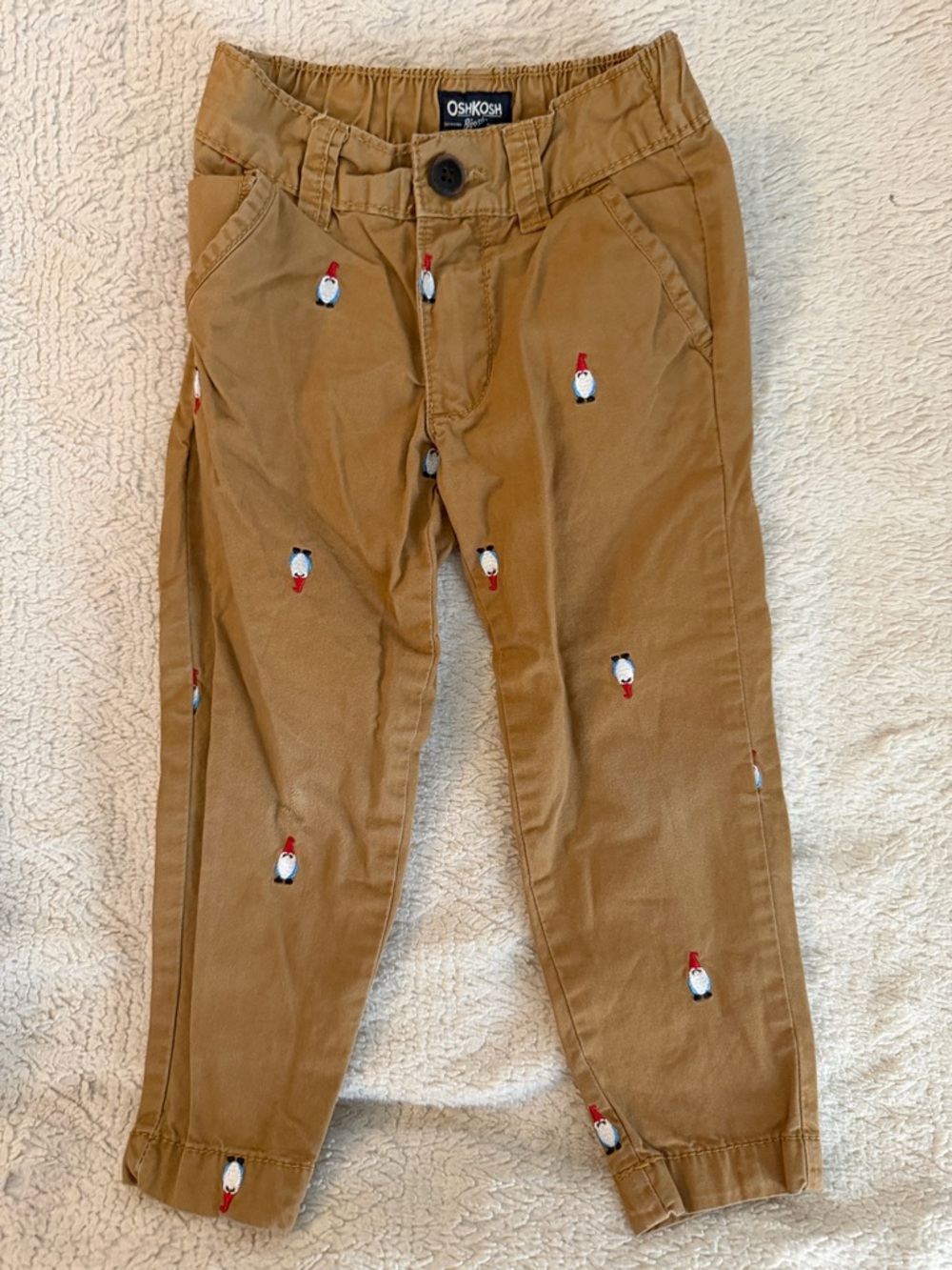 OshKosh B'gosh Tan Pants with Red & White Gnome Embroidery